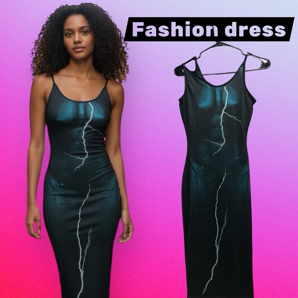 do my self Dresses & Skirts - Vintage style Black Lightning-Print Slip Dress new with  tags